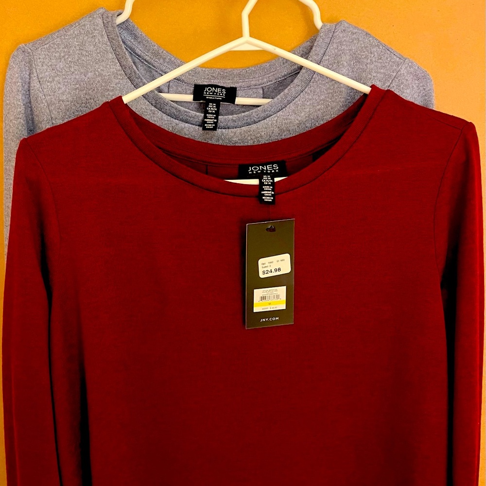 Jones New York, long, stretchy tops. Maroon and light blue. Both heathered.